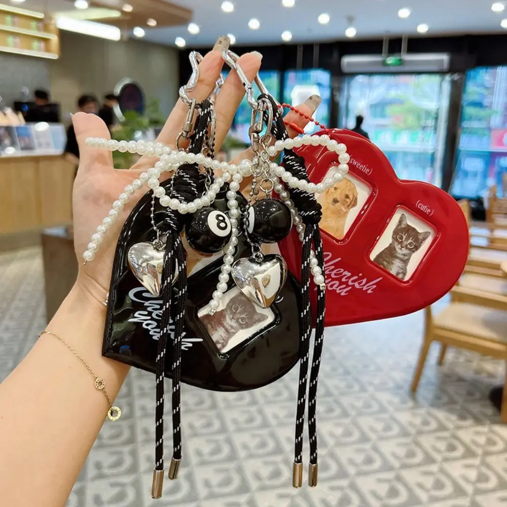 

Trendy Imitation Pearl Woven Rope Keychain Y2K 2 Inch Photo Display Black Heart Card Holder Pu Leather DIY Car Keyring Couple