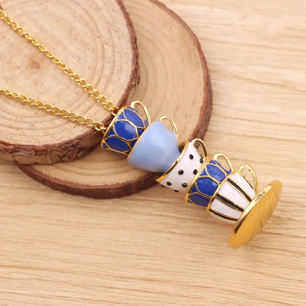 Pendant Necklace Enamel Style Teacup Design Alloy Women Long Necklace for Sweater Chain Jewelry Fashion Women's Necklace