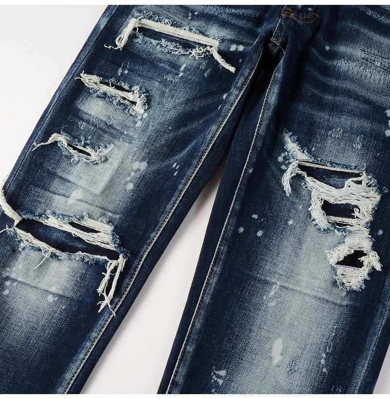 Herren Jeans mit Löchern und Patchwork-Design, Streetwear, dunkelblau, Stretch-Hose, bemalte Skinny Tapered Hose – Detail 8