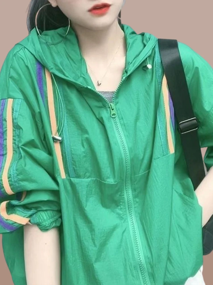 

Летняя женская нейлоновая куртка 2025 года с длинным рукавом, капюшоном, легкая, для активного отдыха, с защитой от УФ-излучения, модная, универсальная, дышащая