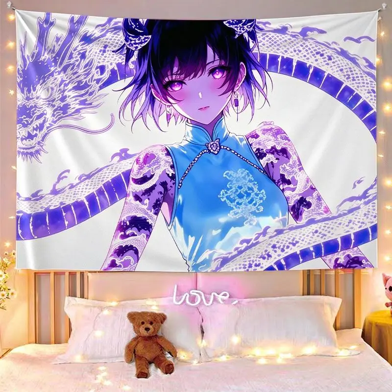 VIKAMA Orange Fire Anime Girl Dragon Wall Tapestry Hanging Decor Bedroom Dorm Aesthetic Neon Glowing Cool Soft Durable Cozy Gift