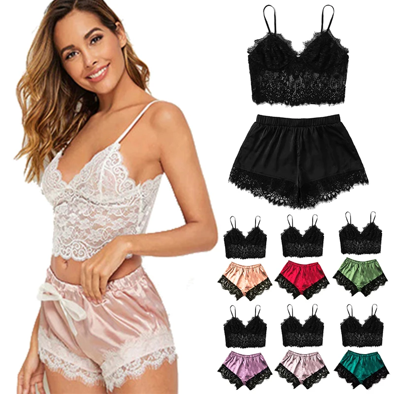 1Set Women\'s Pajama Sets Fashion Casual Nightwear Female Lace V-Neck Pyjamas Sleeveless Lace Top and Shorts Sets Sleepwear