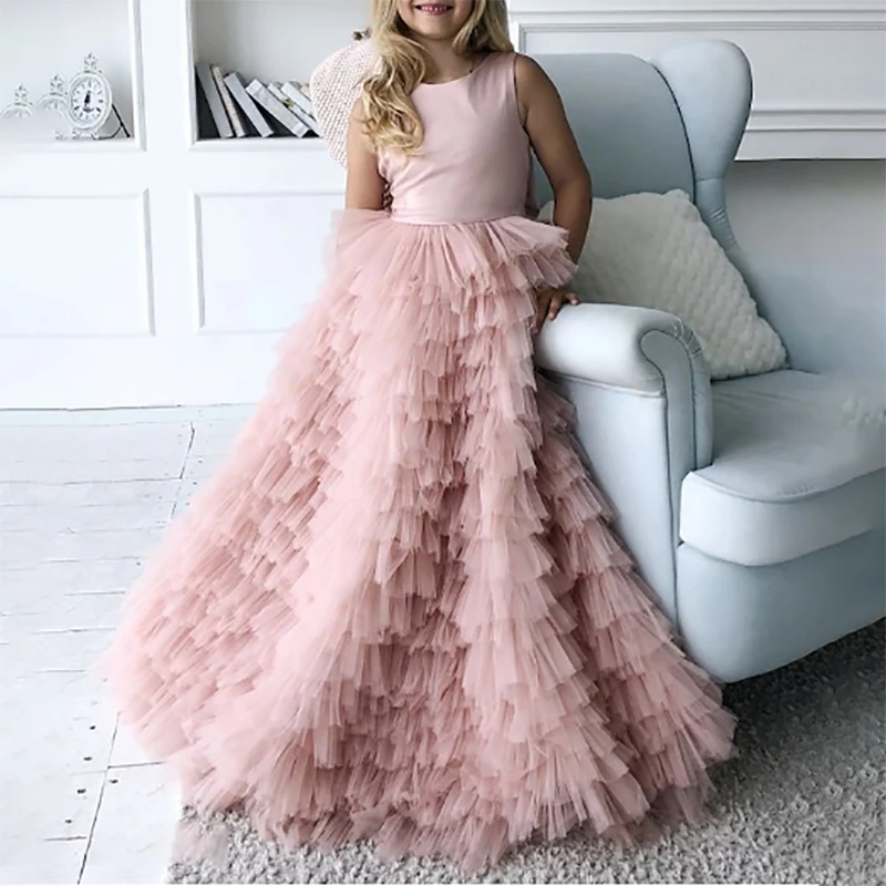 Pink Round neck Princess Sweep Brush Train Flower Girl Wedding Cute Girls Tiered Skirt hem Birthday party Gowns Customized