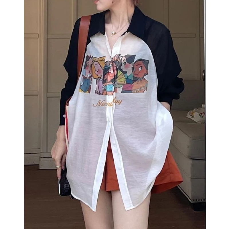 Women\'s Trendy Print Funny Cartoon Print Patchwork Shirt Lapel Long Sleeve Oversize Blouse Y2K Harajuku Casual Chic Tops Female