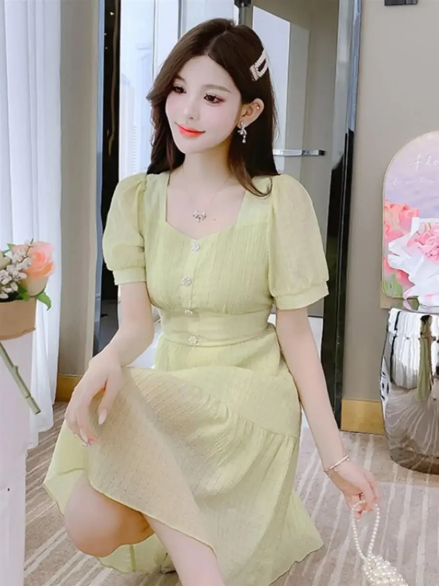 Robe trapèze en mousseline de soie pour femmes, manches courtes, Unique et belle, moulante à la taille et amincissante