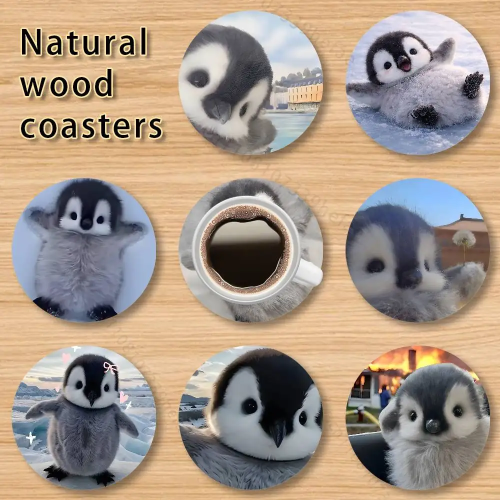 

Cute little penguin Round Wooden Coaster 4 Inch Heat-Resistant Anti-skidding Home Party Theme Decor Photo Props Gifts