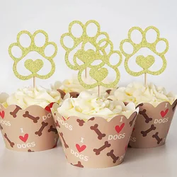 Tops de cupcakes con estampado de pata de perro, decoraciones de fiesta de cumpleaños de cachorros, decoraciones de pastel de fiesta temática de mascotas