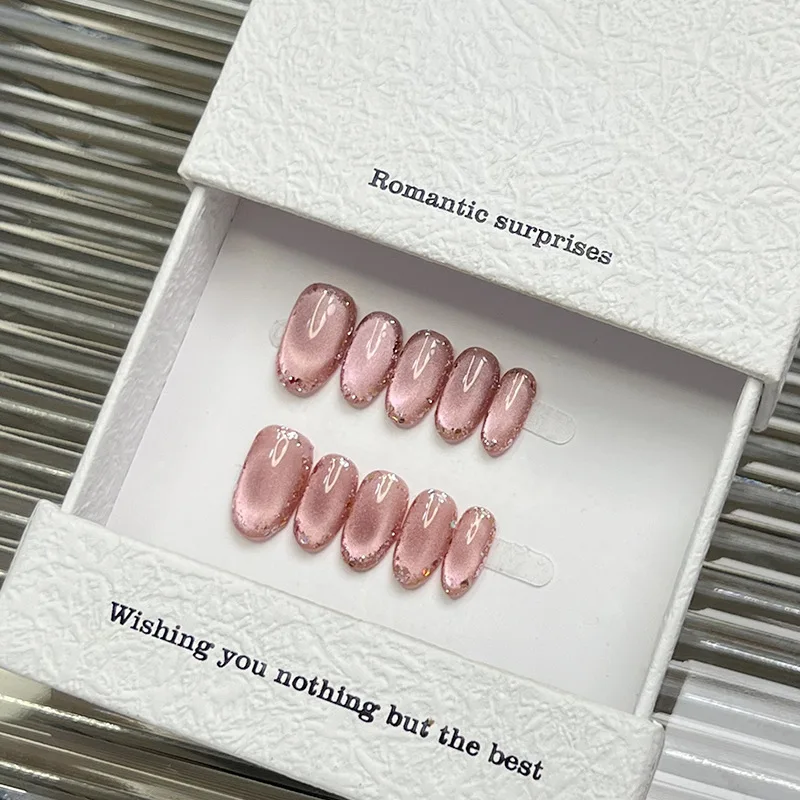 

10pcs Peach Cat-Eye Handmade Nails Pink Bubble Water Press on Nail Short Oval False Nail for Women&Girl Fake Nail Daily Wear