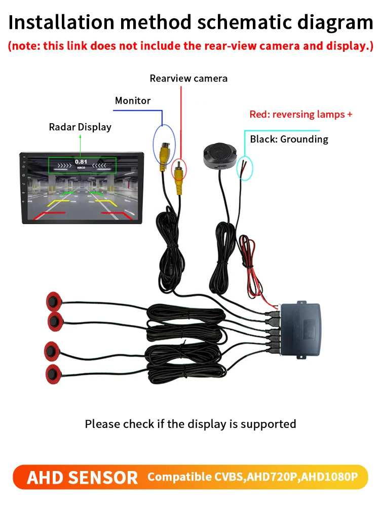 Car Reverse Parking Sensor 4 AHD Sensors 16.5mm Compatible CVBS AHD 1080P Sound Mute Mode Vehicle Safety Alert System
