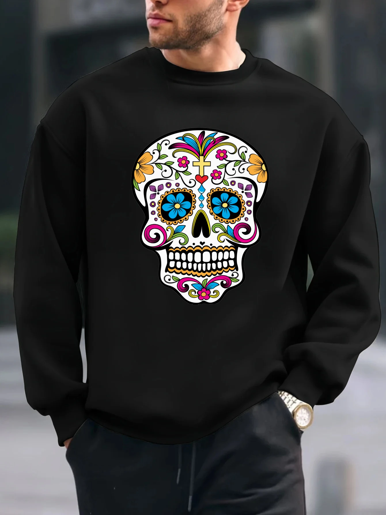 

2025 синий цветок глаз скелет граффити принт весна и осень мужской свитшот с круглым вырезом повседневный пуловер с капюшоном для повседневной носки