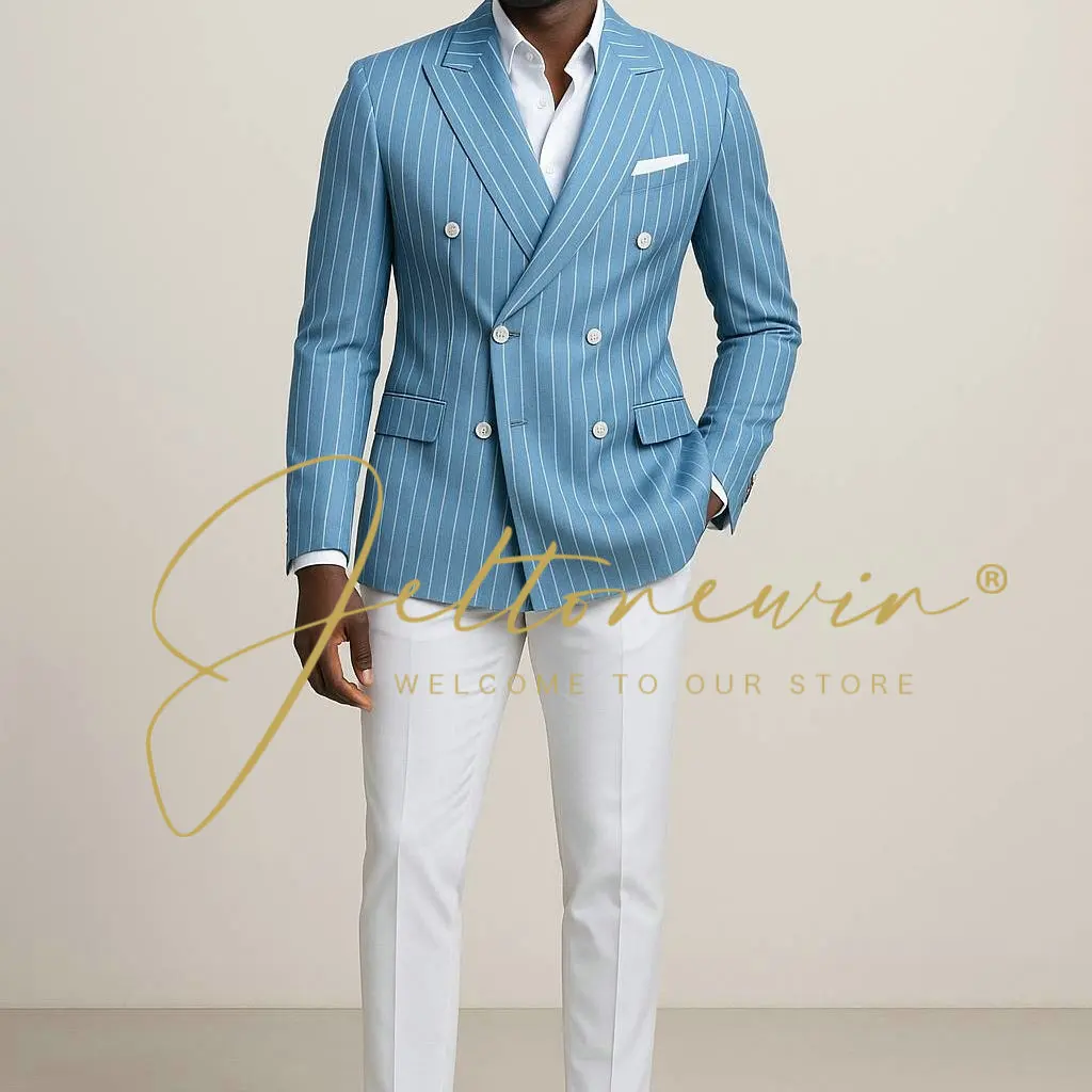 Men's Light Blue Two Piece Suit Set with Vertical Stripe Pattern Double Breasted Slim Fit Formal Wear for Wedding Groomsmen Part