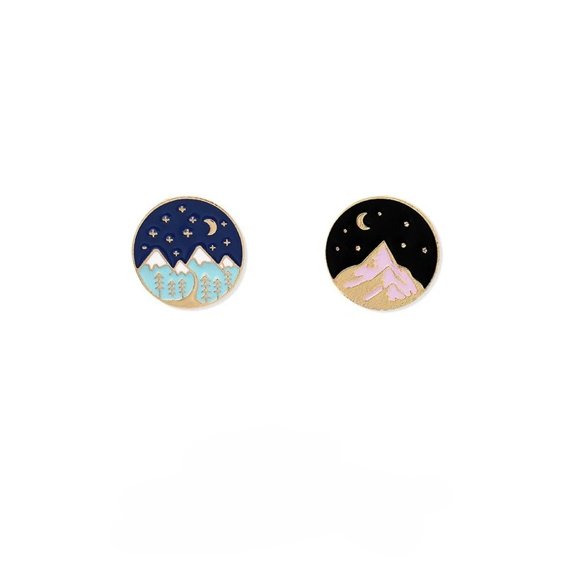 Cartoon Night Star Moon Mountain Design Metal Brooch Beautiful Starry Sky Night Scene Badge Simple Gift Pins DIY Clothing Bags