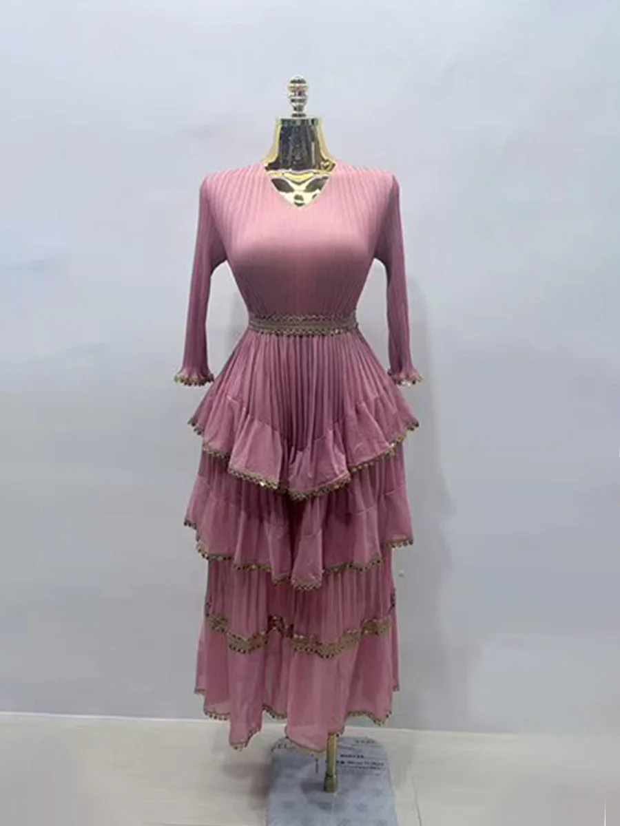 ANLAN Ruffles Pleated Party Dress Women Long Sleeves Belt Gathered Waist Slim Solid Dresses Elegant 2026 Autumn New 2AN3686