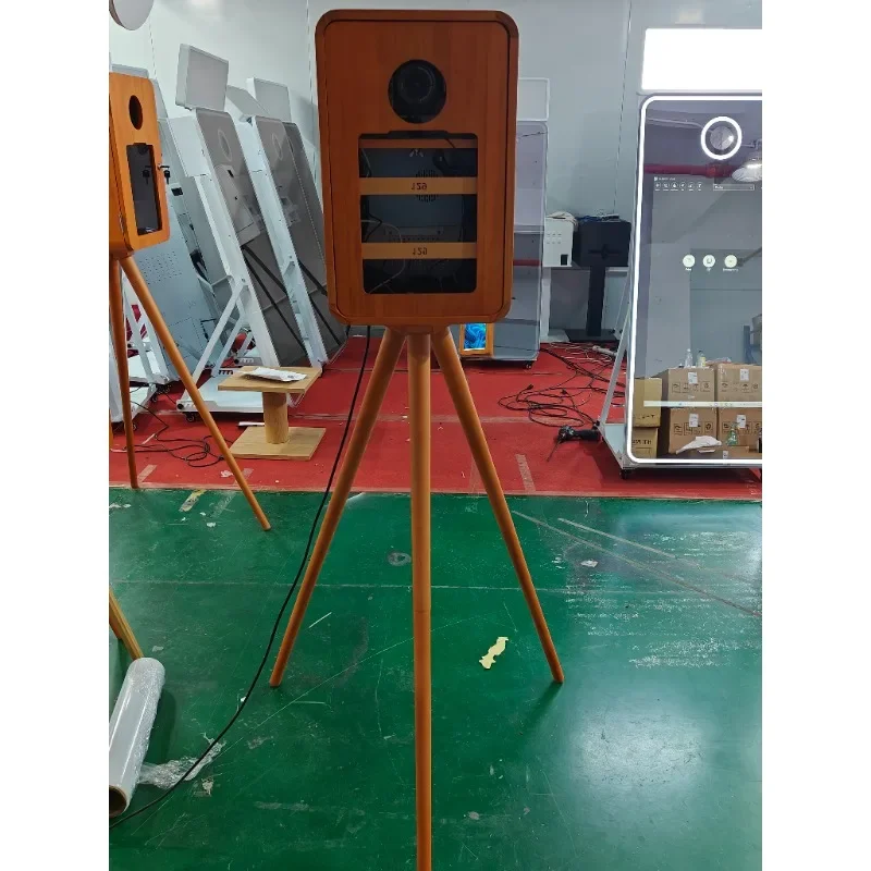 Double-sided retro wooden photo booth with touchscreen printer stand, compatible with DSLR cameras and iPad flash stands