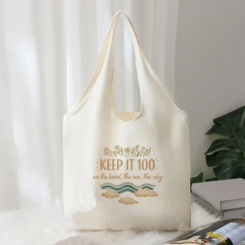 

Nature Floral Cloud Print Canvas Tote Bag, Keep It 100 Casual Reusable Shoulder Bag for Women Travel & School Use