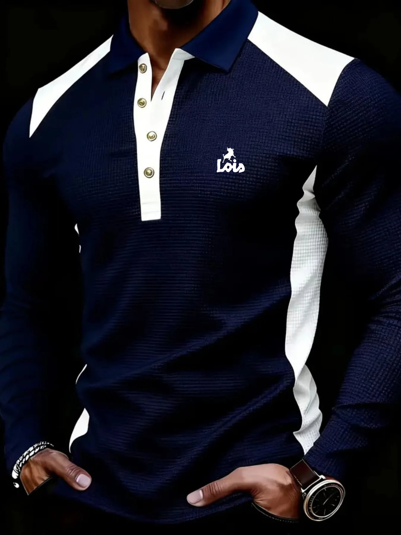 Nuevo Polo de Manga Larga con Tejido Waffle Lois para Hombre, Cuello con Botones en Contraste de Color, Prendas Superiores Casuales Asequibles para Hombre