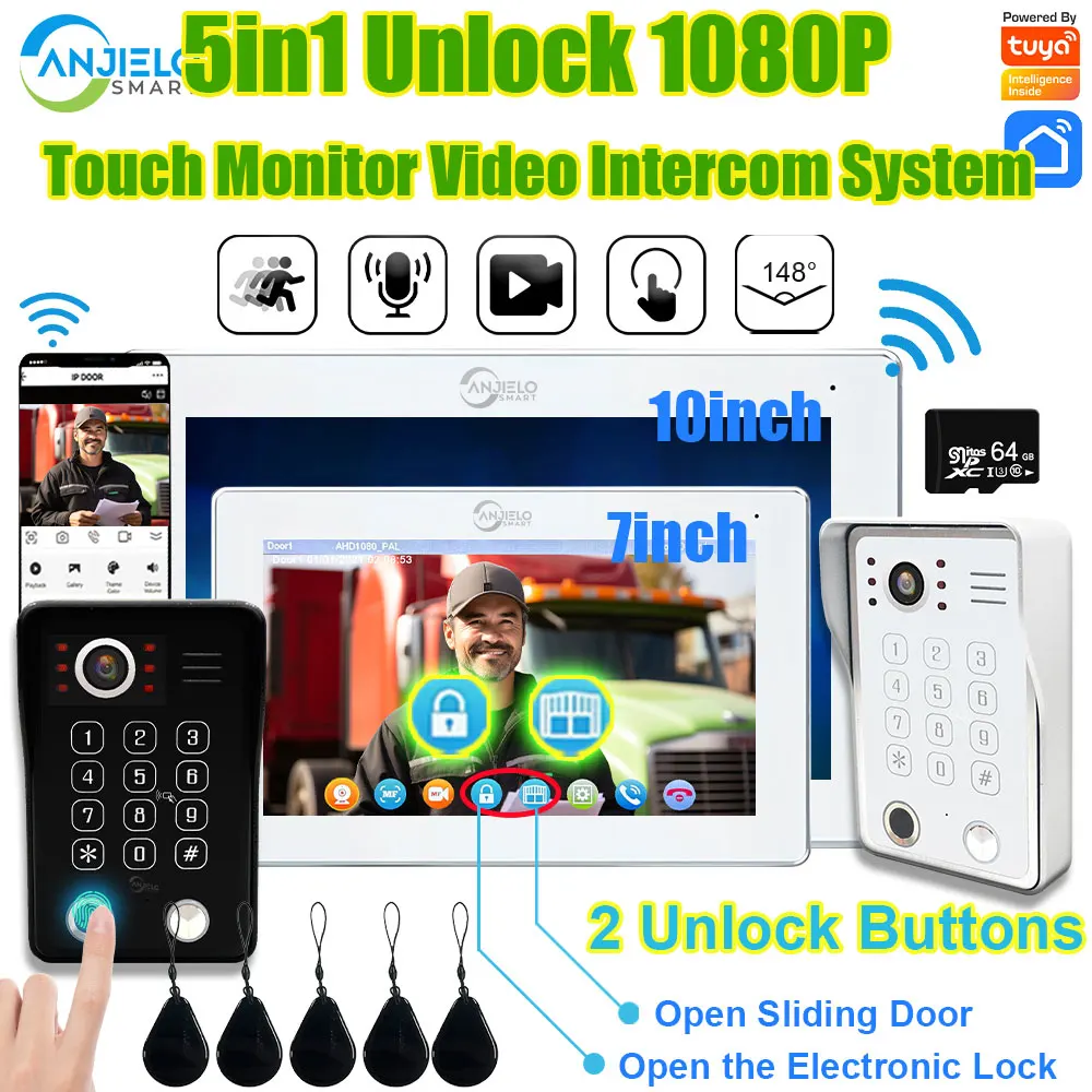 Fingerprint 5in1 Unlock Smart Wifi Door Camera with Monitor Intercom for Home Interphone Doorbell with RFID Card