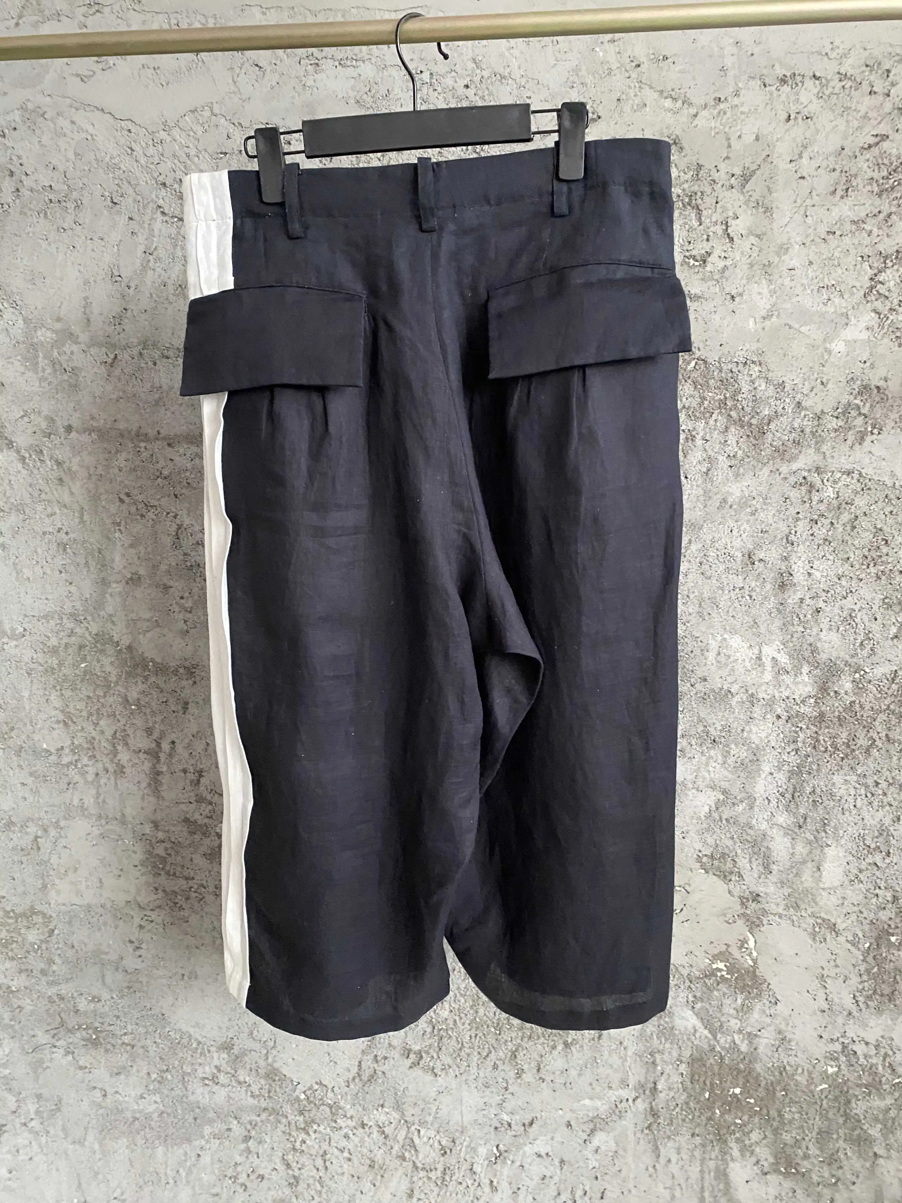 TOP-YAMAMOTO original linen black and white mid-waist casual rolled-up trousers with elastic waist and drape suit pants