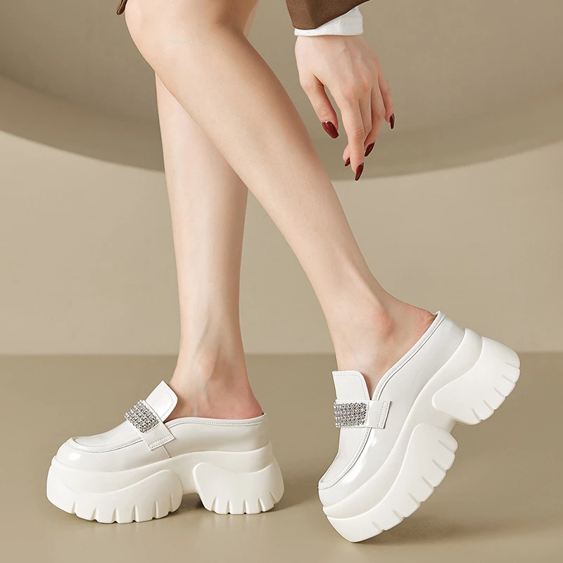 

Women's Slippers Platform Shoes Genuine Leather Fashion Rhinestone Female Half Shoes Women Slippers High Heels Platform Slipper