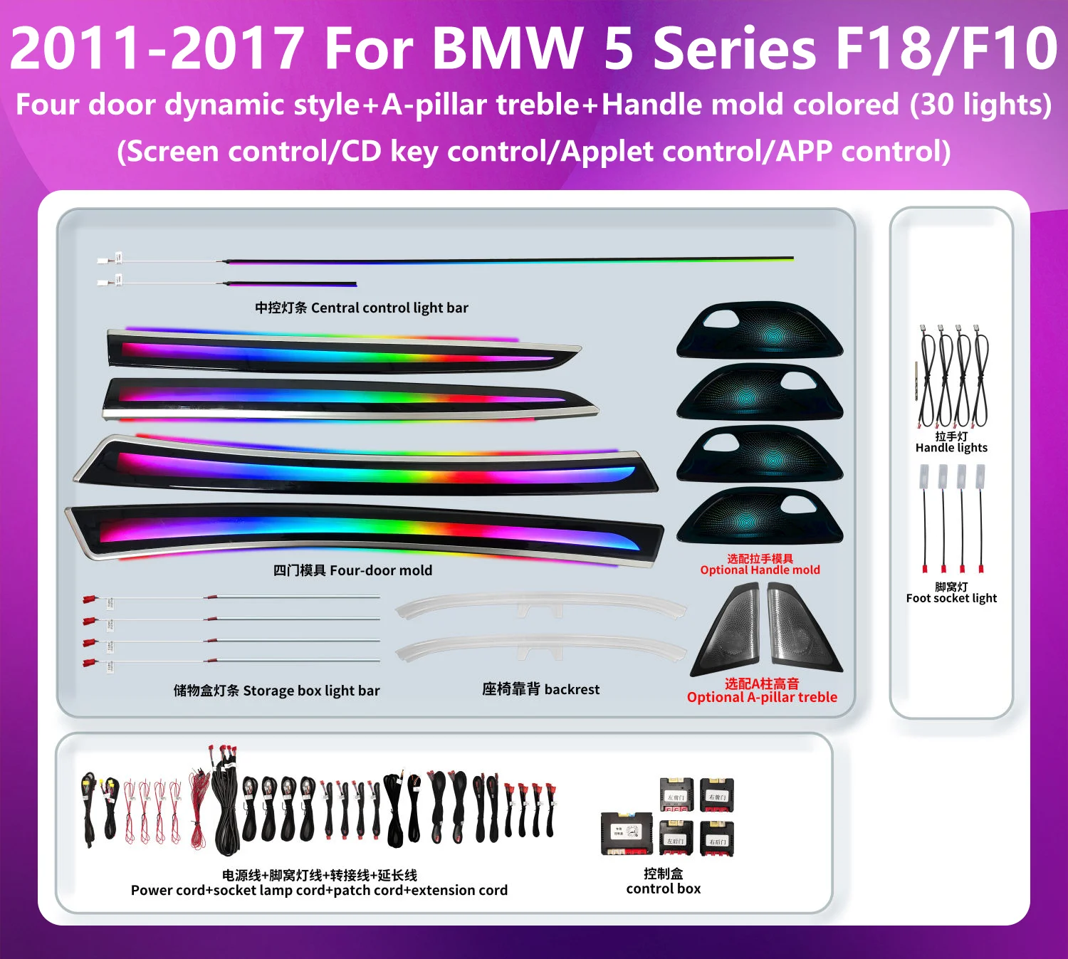 Dynamic Color Changing LED Car Interior Ambient Light Integrated All-in-One Upgrade DYNAMIC Kit Designed for BMW 5 Ser F18 F10