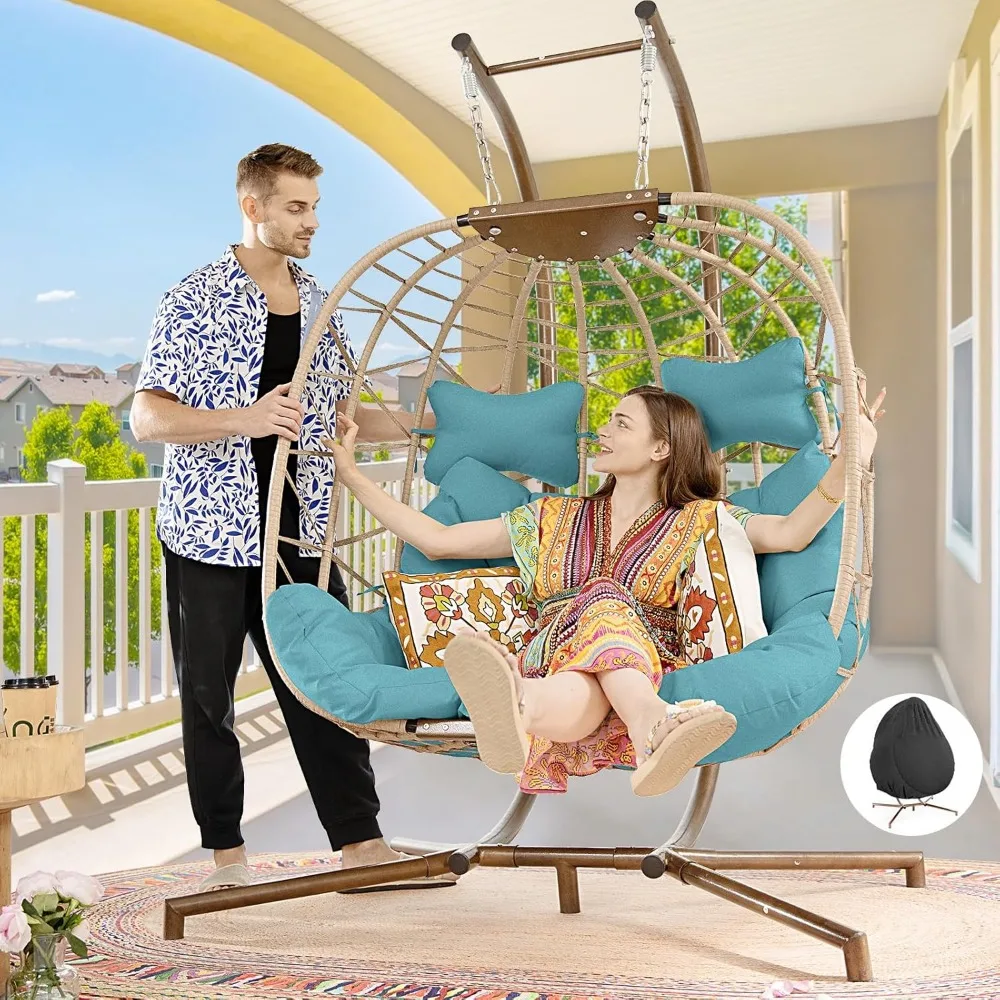 

Double Egg Chair with Stand Indoor Outdoor 2 Person Large Wicker Hanging Swing Chair Oversized Twins Patio Loveseat 2 Seat Beig