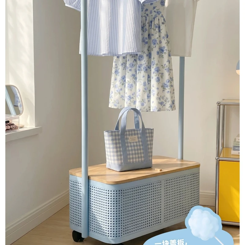 Blue Floor to Floor Coat Rack Dopamine Wind Bedroom Storage Wheeled Vertical Removable Hanger Household Hanger