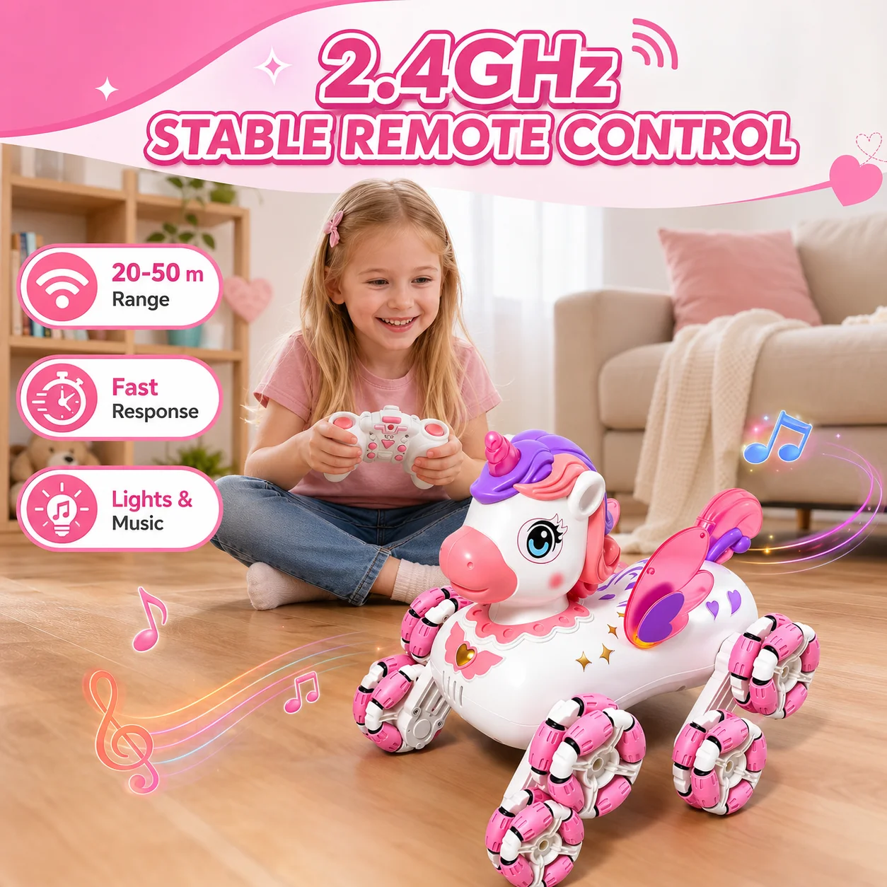 

Pink Unicorn RC Off-Road Car, 8 Wheels Drift Robot with Wings, Lights Music & Auto Demo, Girls Birthday Present