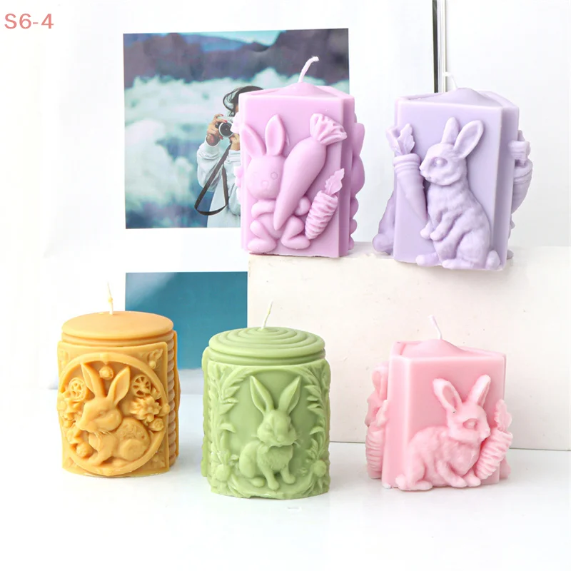 Cute Flower Bunny Carrot Cylinder Silicone Candle Mold - Embossed Rabbit Design for Aromatherapy Candle Making
