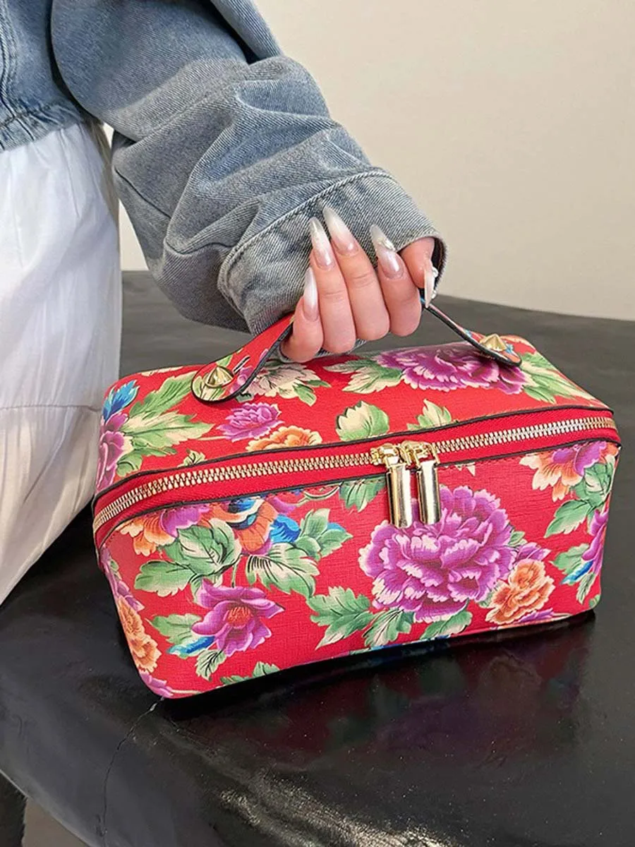 Nueva bolsa de maquillaje portátil China Peony viento nacional festivo bolsa de almacenamiento de cosméticos de gran capacidad bolsa de aseo