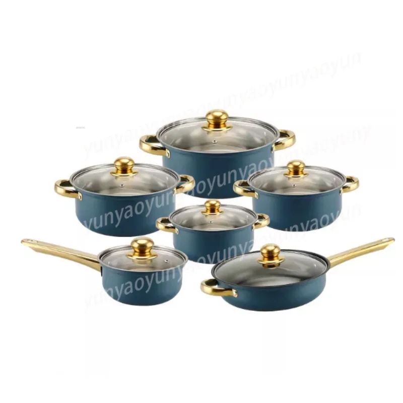 

12Pcs Stainless Steel Non Stick Cookware Color Gold Plated Handle Kitchen Pot Set for Home Cooking