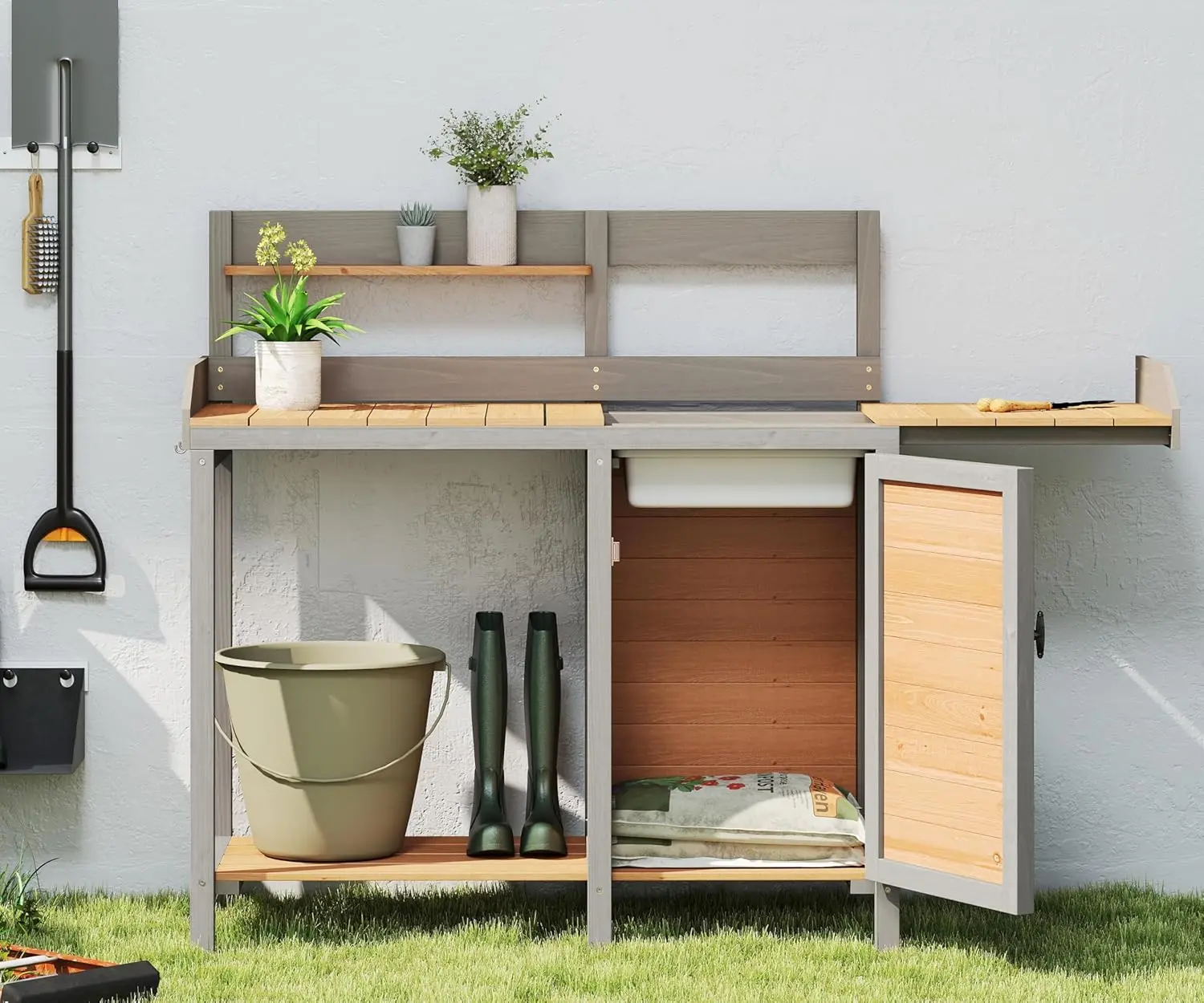 Wooden Potting Bench Table with Sink and Lacquered Finish Outdoor Garden Workstation with Storage for Lawn and Patio
