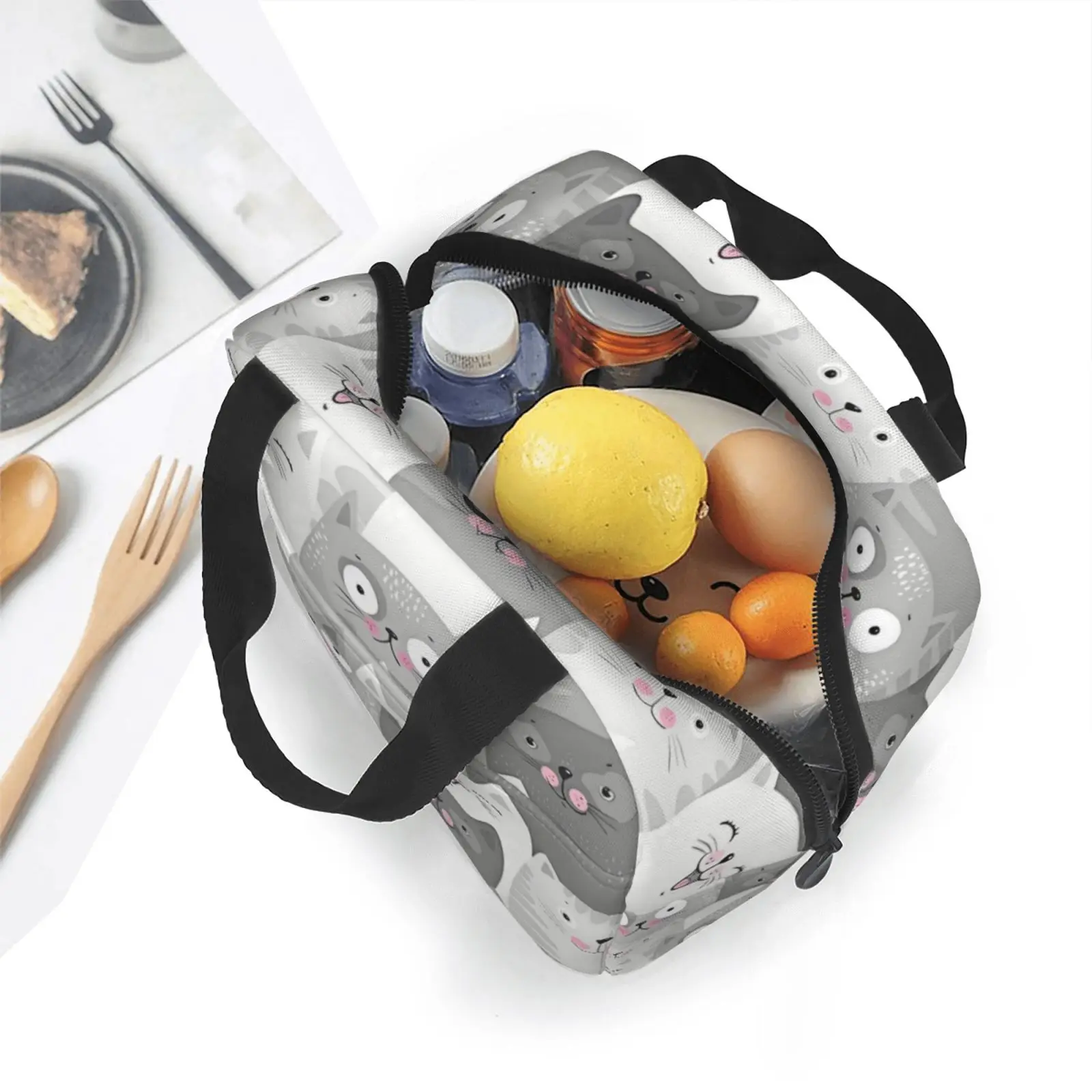 Cute Grey Cats Print Lunch Bag Insulated Lunch Box Reusable Cooler Thermal Meal Tote for Women Girls Work School Picnic