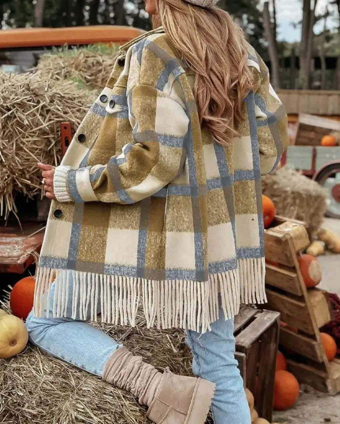 Women's Grid Print Lapel Button Front Fringe Casual Coat Autumn/Winter New Fashion Detail Coat