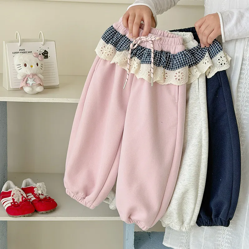 Girls Pants Spring 2026 New Item Baby Casual Pants Childrens Plaid Lace Pants