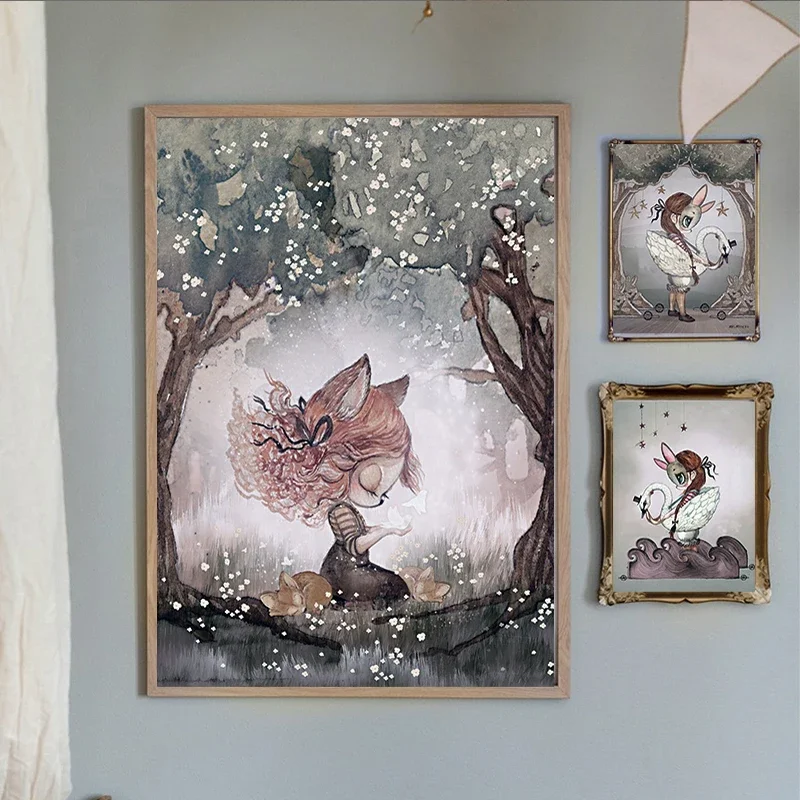 Scandinavian watercolour Rabbit Boy and Girls Cartoon Angel Canvas Decoration Painting Art Poster Kids Baby Nursery Room Wall