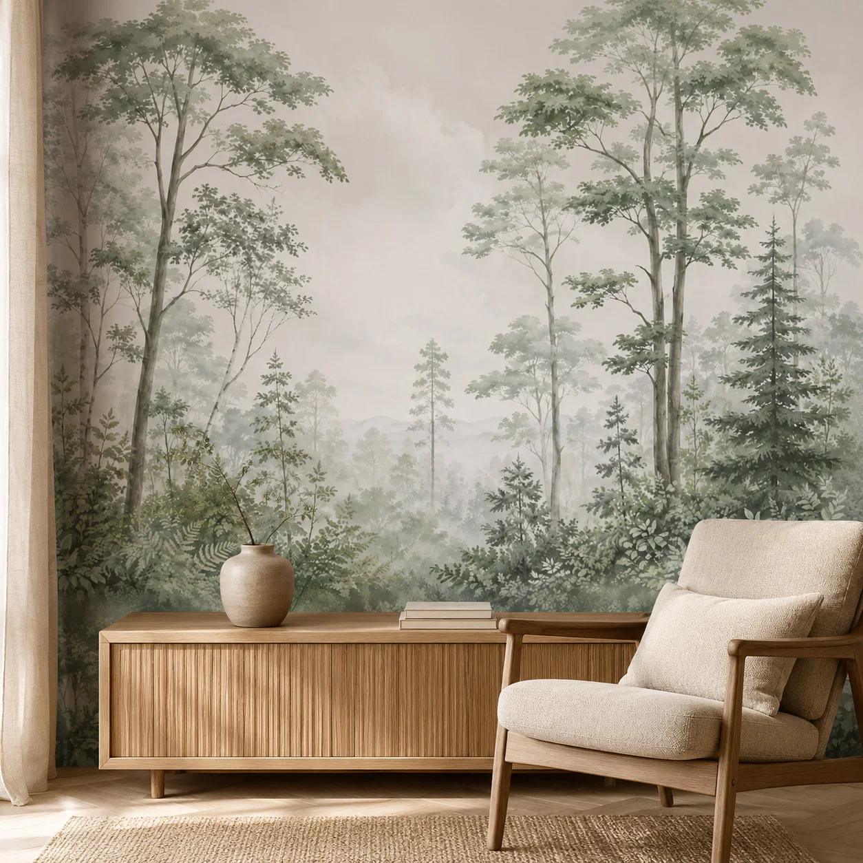 grand-papier-peint-mural-foret-brumeuse-vert-sauge-paysage-botanique-forestier-pour-salon-et-chambre-pose-necessaire