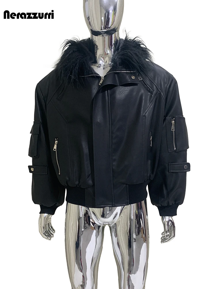Nerazzurri Autumn Winter Short Black Thickened Warm Soft Faux Leather Jacket Men with Faux Fur Trim Hood Zip Up Loose Clothes