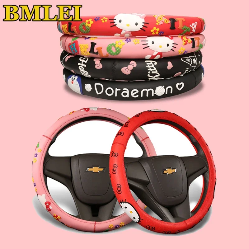 Fashion Cartoon Cute KT Cat Steering Wheel Cover Natural Rubber Healthy Universal 38cm For Women Girl Lady Car Accessories