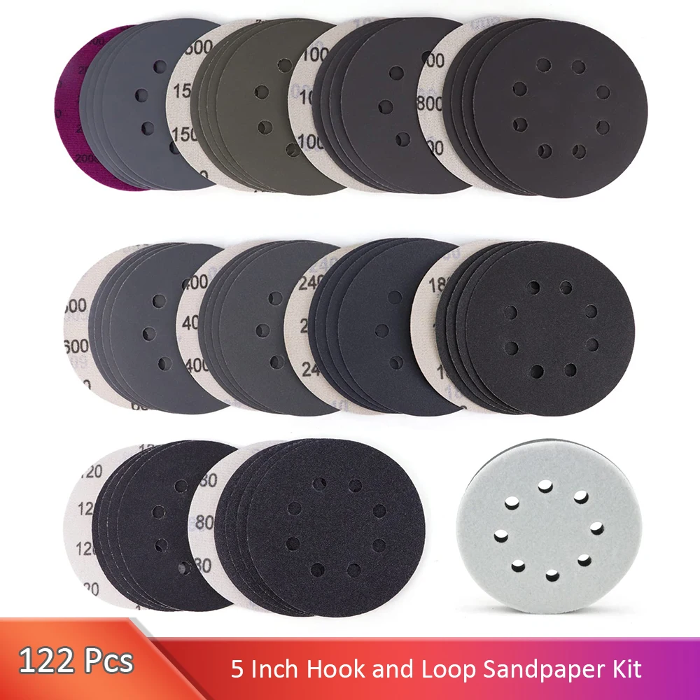 120pcs 5 Inch Sanding Discs Hook & Loop 8 Holes Wet Dry Orbital Sandpaper with Interface Pads Silicon Carbide Round Flocking San