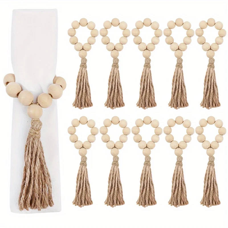1/12Pcs Wood Bead Napkin Rings With Tassels Handmade Wooden Napkin Ring Holder Boho Decoration Wedding Party Home Table Supplies