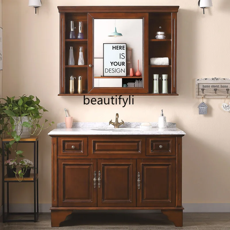 American Bathroom Cabinet Oak Combination Wash Inter-Platform Basin Solid Wood Floor Washbasin Bathroom Mirror Cabinet