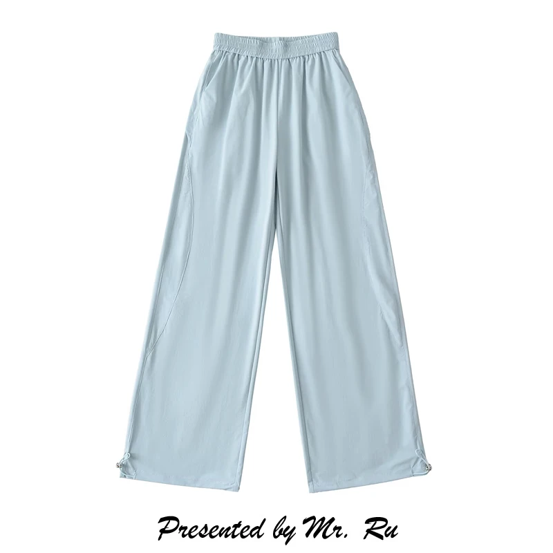 Retro Summer Thin Straight Leg Wide Leg Workwear Pants Climbing Sport Pants Elegant Drawstring Cuffed Long Trousers for Women