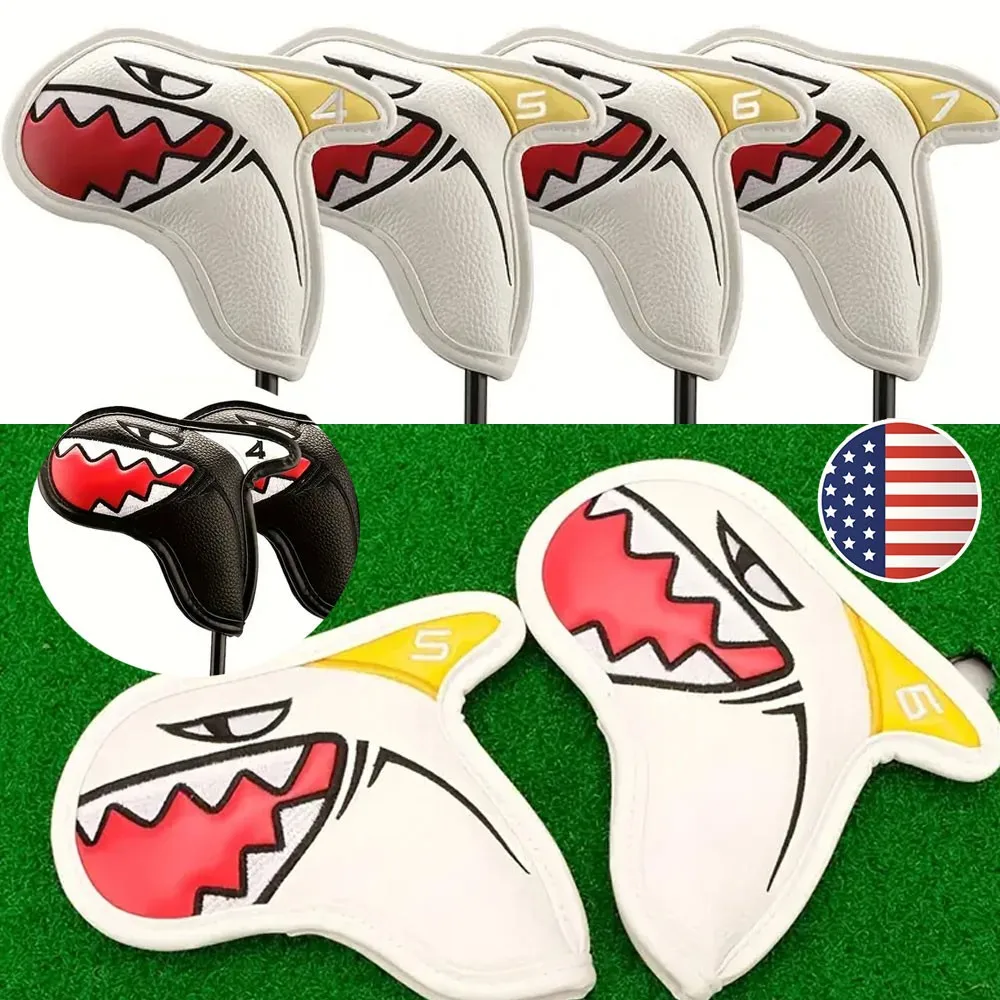 

Golf Iron Head Covers 9pcs Black White Shark Design Waterproof PU Leather Numbered 4-9 AW PW SW Premium Protective Club Covers