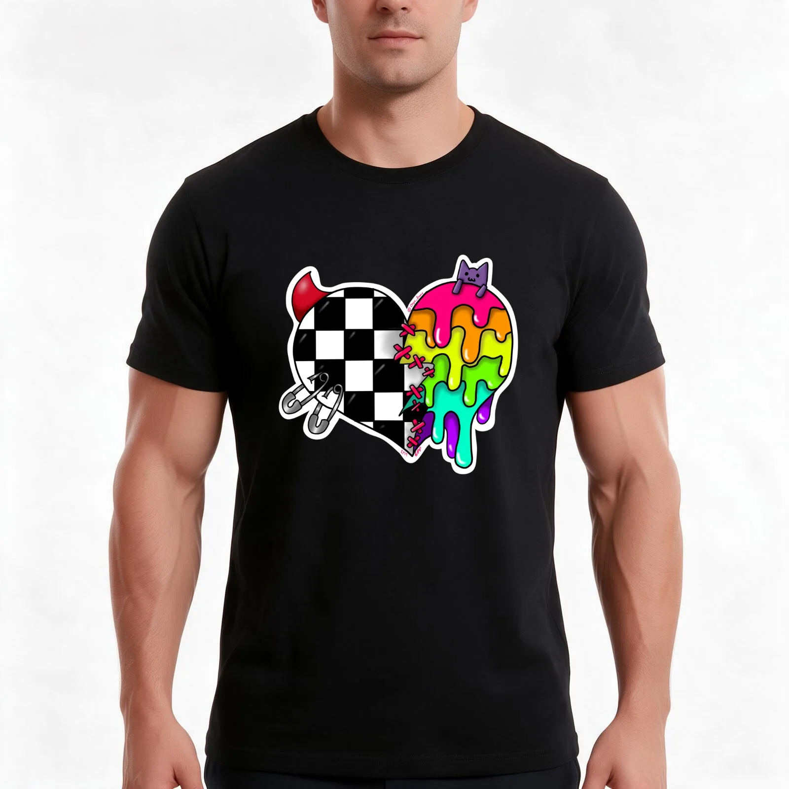 Scemo Half n Half Heart T-Shirt Summer Casual Cotton Tee Oversized Streetwear Tops Vintage Graphic Print Unisex Men Women