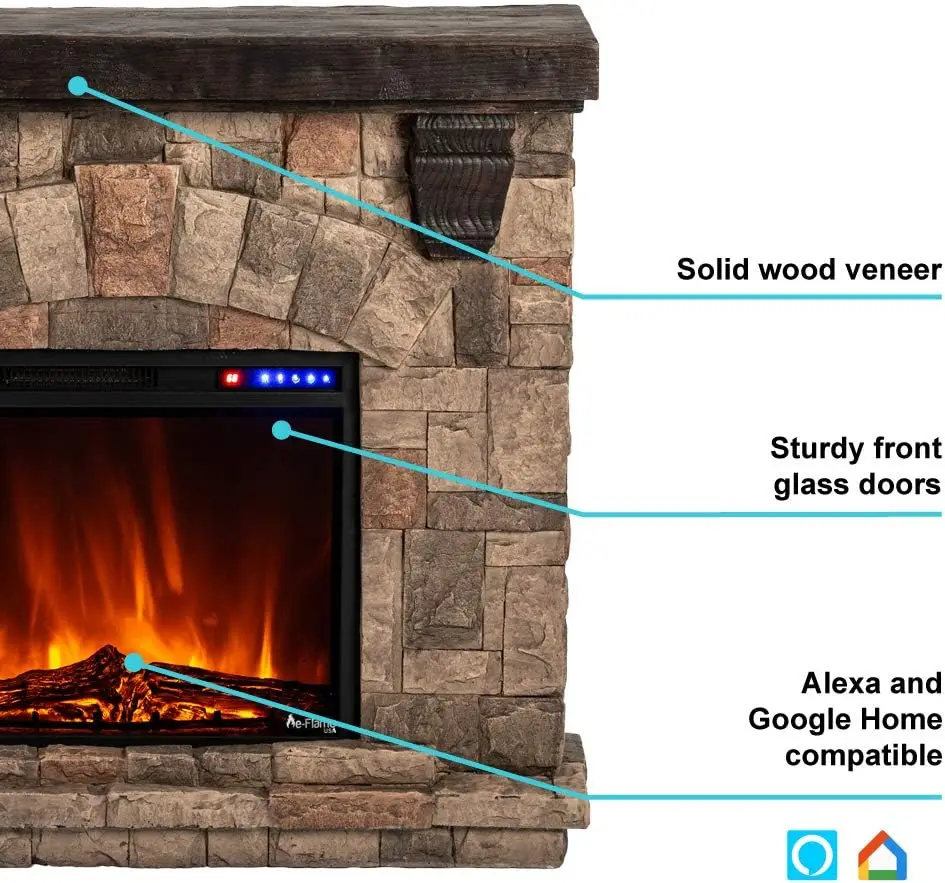 Alpine LED Electric Fireplace Stove with Faux Wood and Stone Mantel - Remote - 3D Log and Fire 11.6