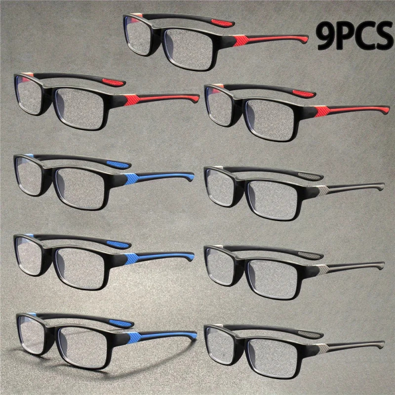

9pcsMen's and women's fashionable reading glasses - elegant rectangular full frame with red/blue gradient lenses