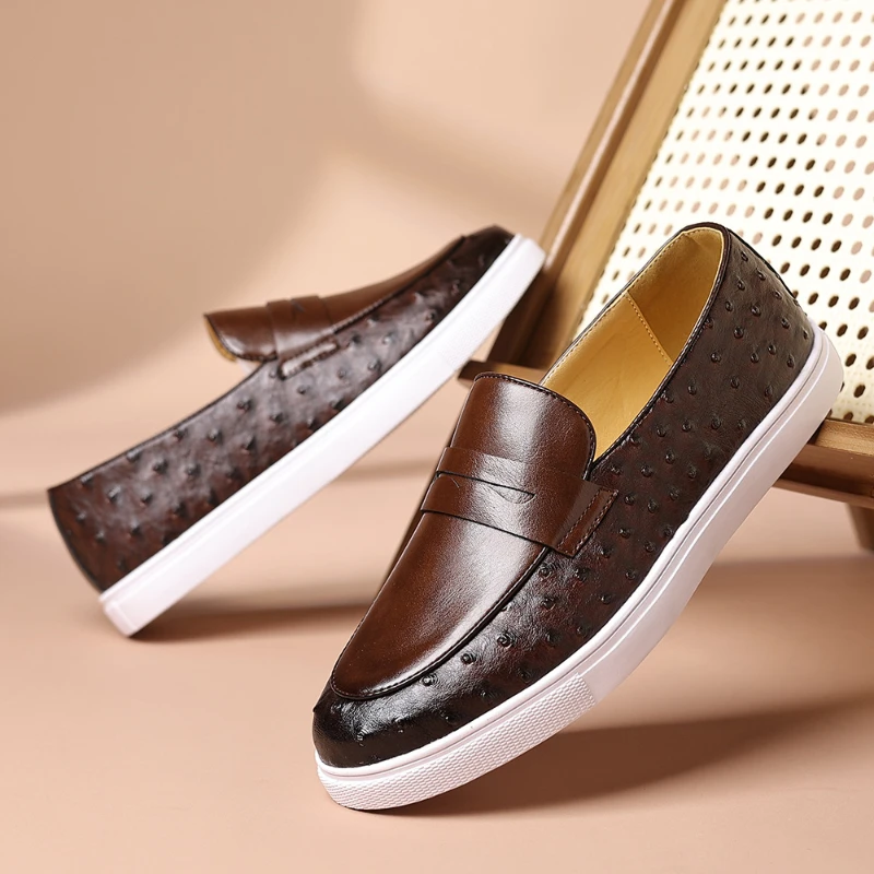 Mens Brown Ostrich Embossed Leather Penny Loafers Slip On Casual Shoes With White Sole Comfortable Breathable For Daily Wear