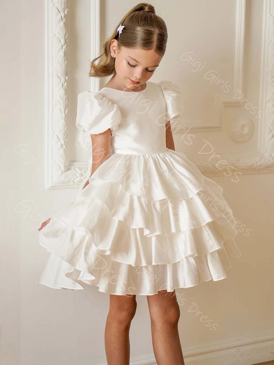 Vestido de princesa personalizado para meninas, vestido de primeira comunhão com mangas bufantes em camadas de chiffon para festa de casamento, mini comprimento com laço