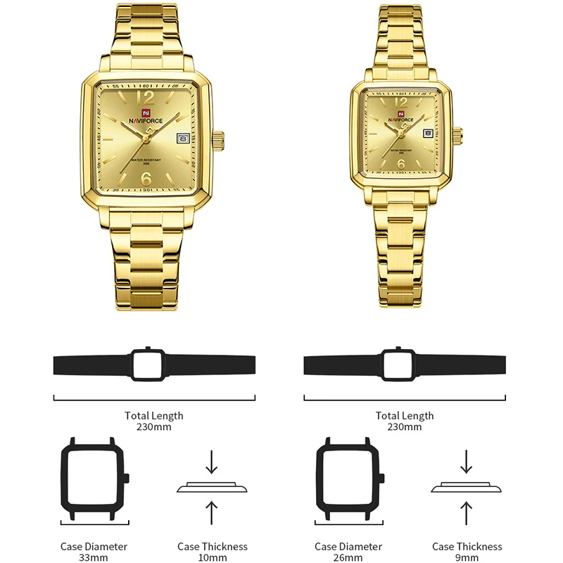 NAVIFORCE Original Luxury Couple Watch Quartz Stainless Steel Square 3ATM Waterproof Date Display Casual Watches For Women Men