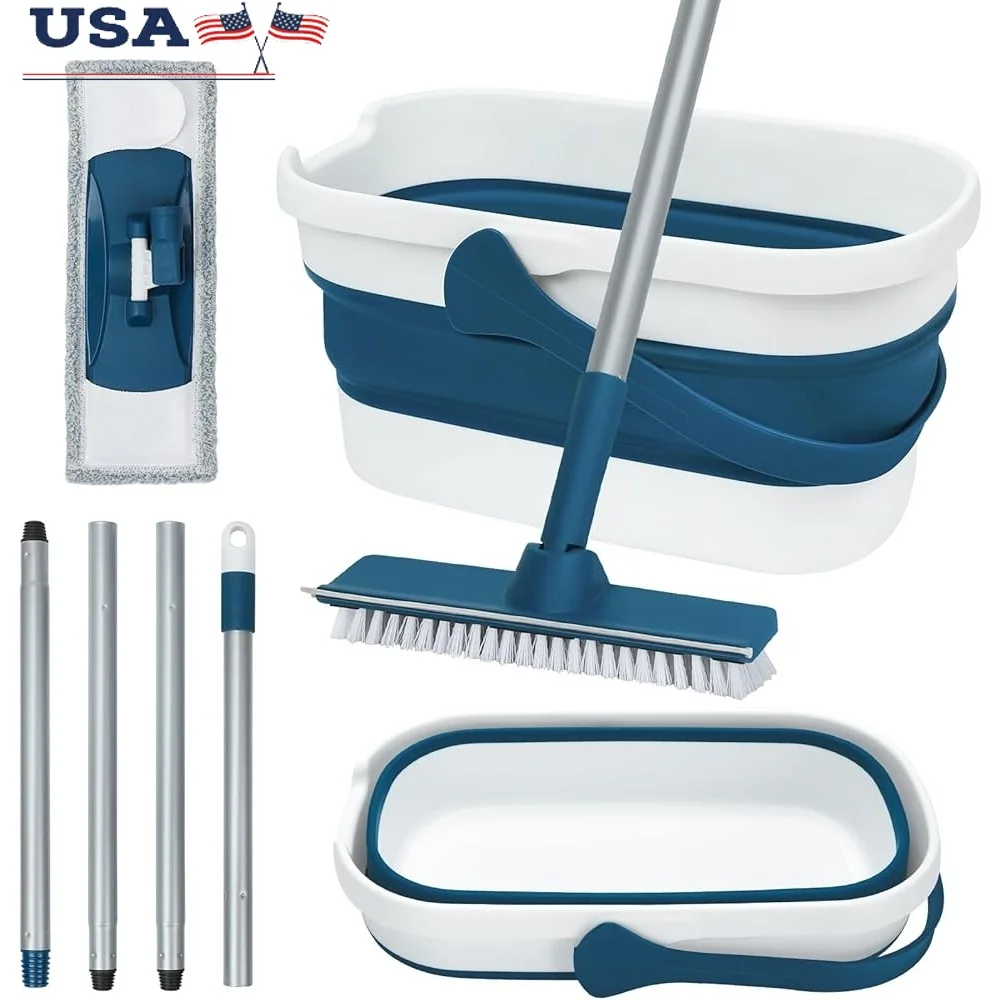 

Collapsible Mop Bucket Set with Microfiber Flat Mop Scrub Brush Portable Cleaning Tool Hardwood and Tile Floors